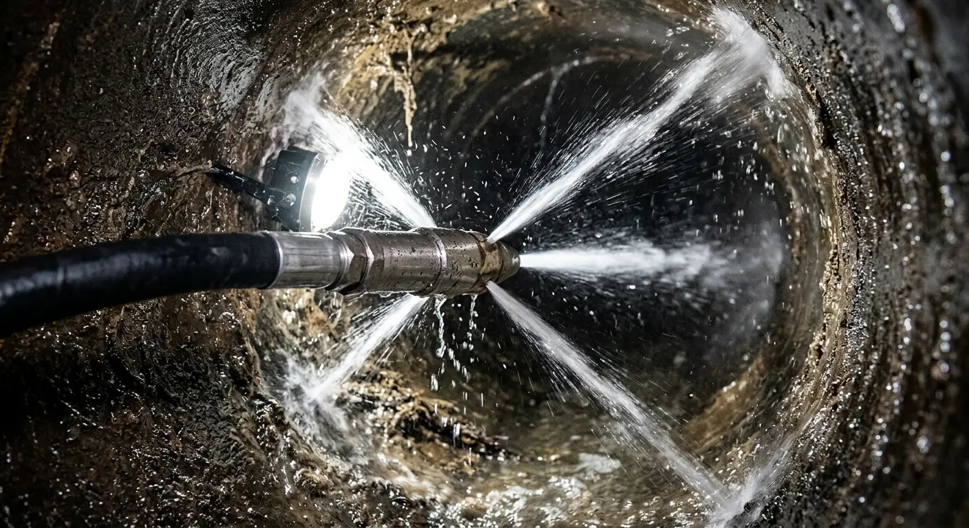 High-pressure hydro jetting nozzle cleaning sewer pipe for Storm Drain Cleaning in Rockland