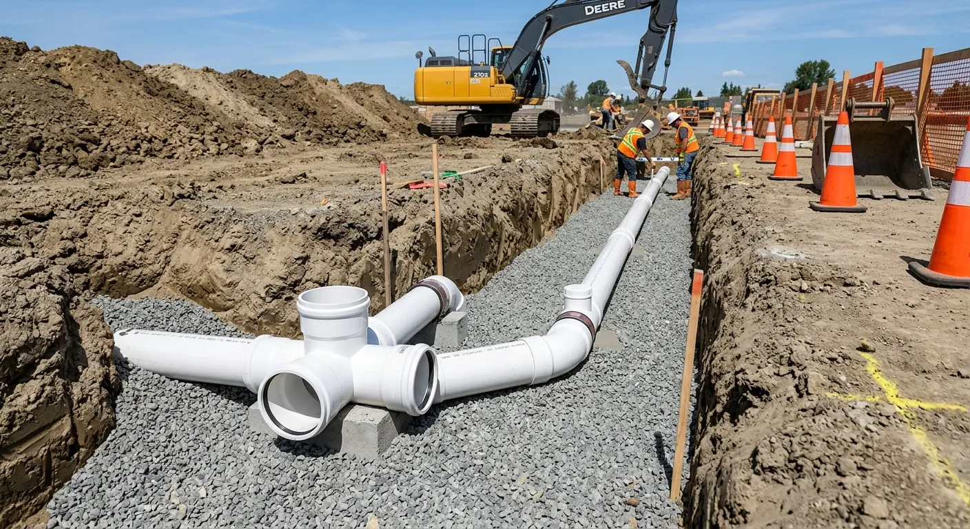 New PVC sewer pipe installation in open trench for Sewer Backup in Rockland