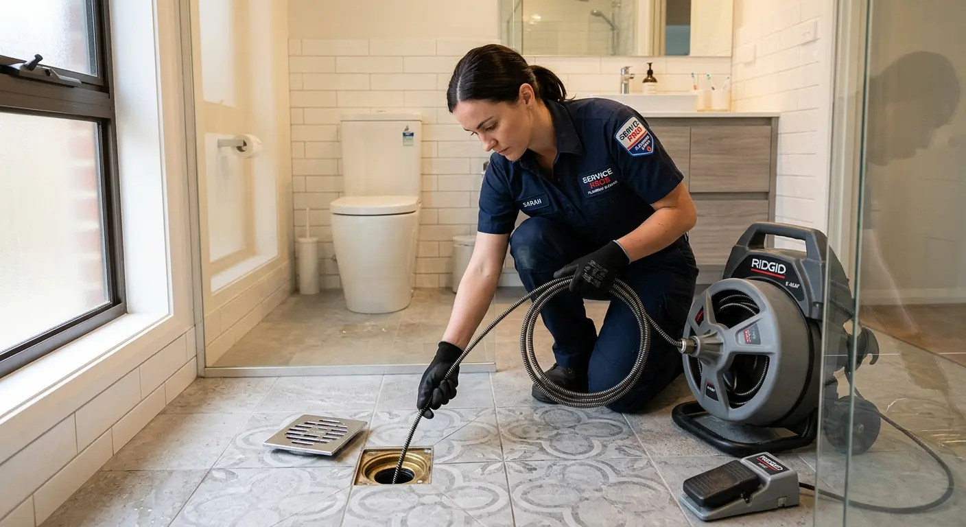 Technician clearing a bathroom floor drain for Sewer Line Replacement in Rockland